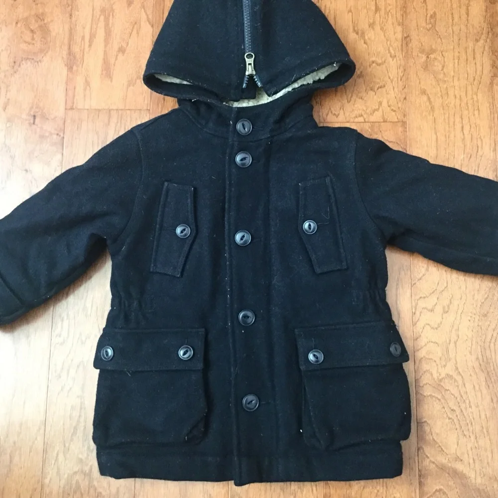 Baby Gap Wool Navy Blue Peacoat Warm Winter Faux Fur Hood Size 2 years